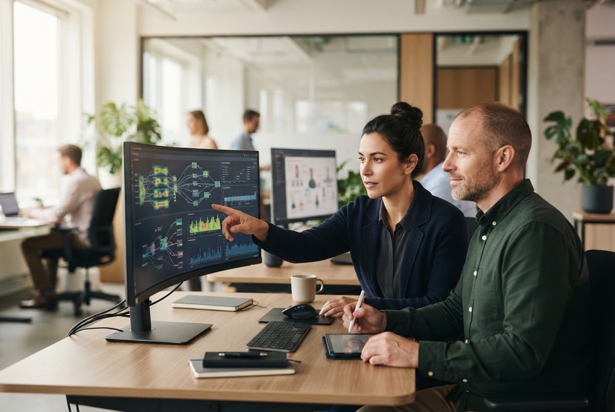 Two voice network professionals reviewing traffic at a workstation