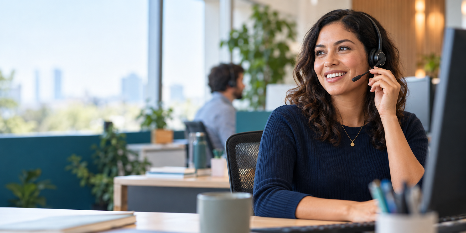 A friendly support professional at a call center workstation
