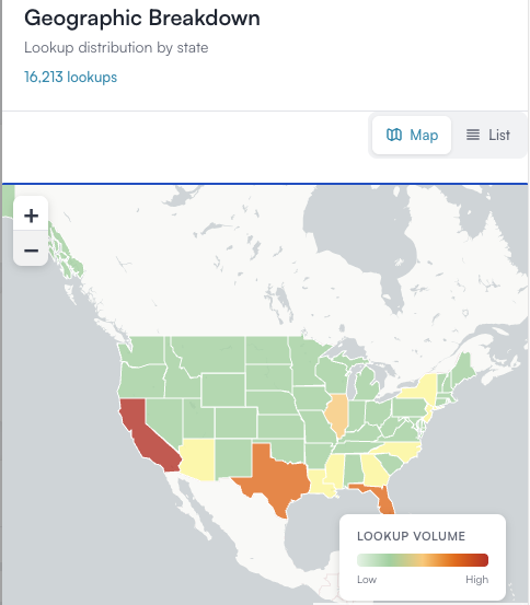 Interactive US heat map showing lookup distribution by state