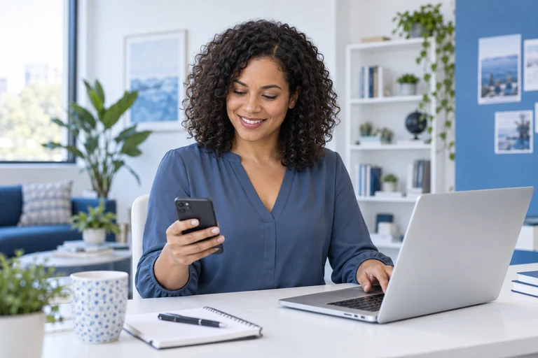 A woman at a desk looking at her phone beside an open laptop