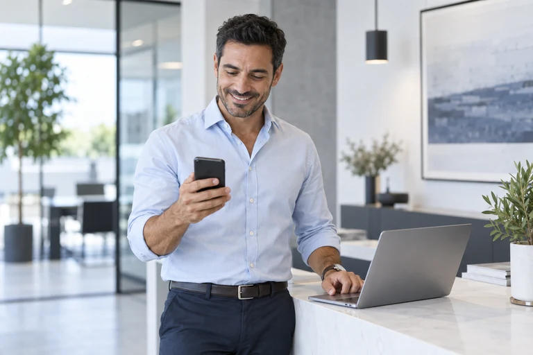 A man in an office checking his phone beside a laptop
