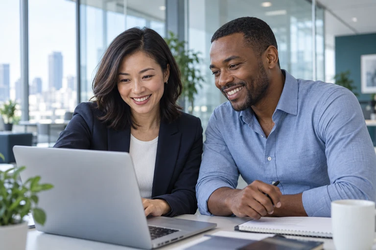Two colleagues working together at a laptop