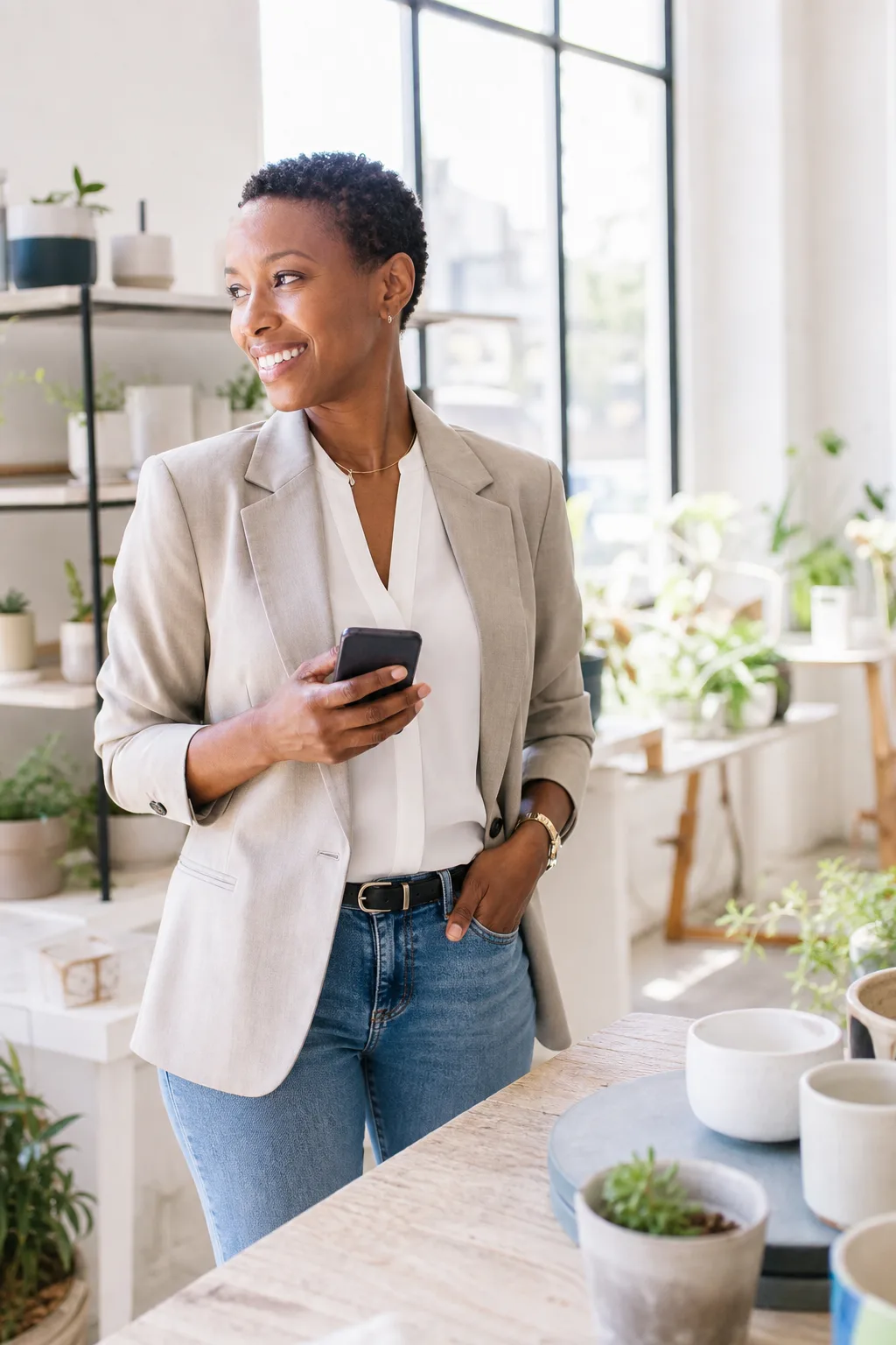 A relieved business owner checking a number on her phone in a bright storefront
