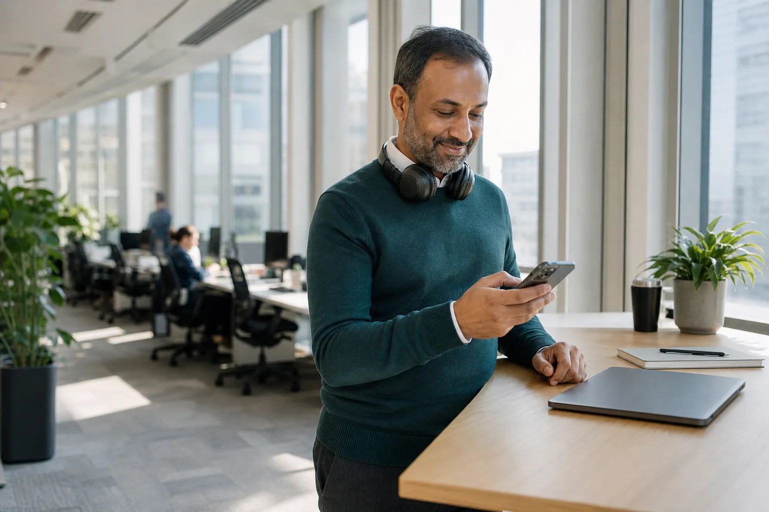 An ops lead with a headset at a bright standing desk, checking a number on his phone